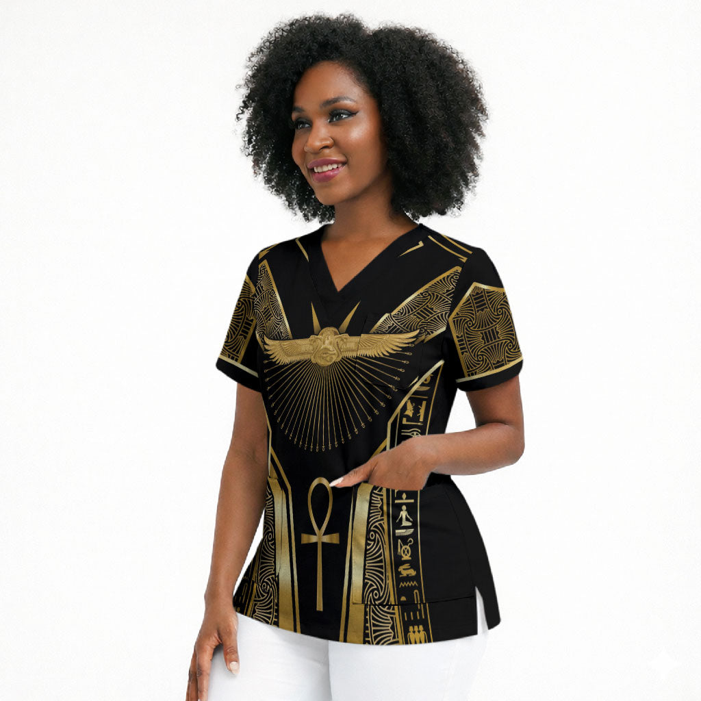Egypt Winged Sun Scrub Top Ancient Mythology Golden Ankh