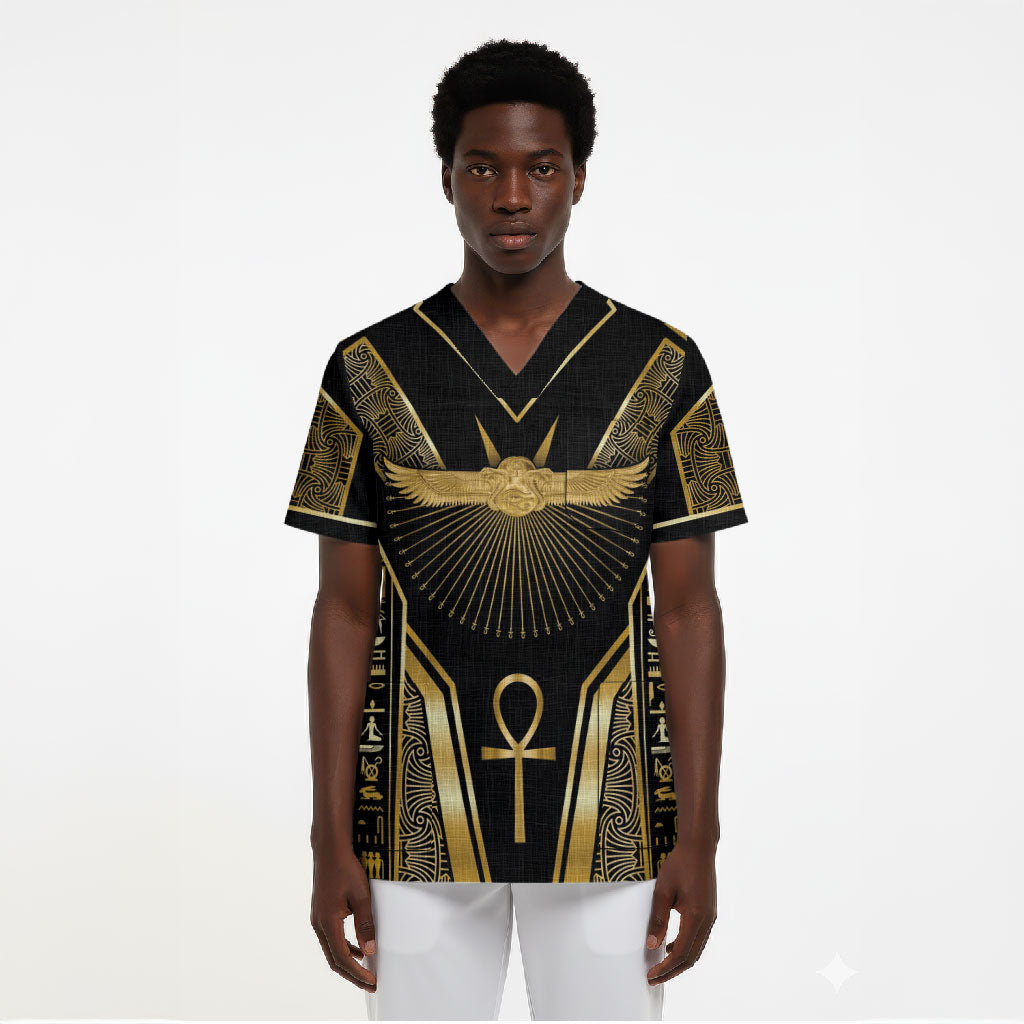 Egypt Winged Sun Scrub Top Ancient Mythology Golden Ankh