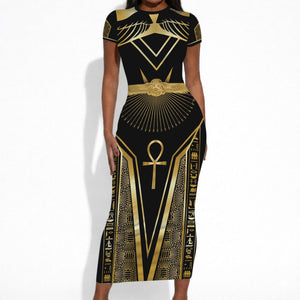 Egypt Winged Sun Short Sleeve Bodycon Dress Ancient Mythology Golden Ankh