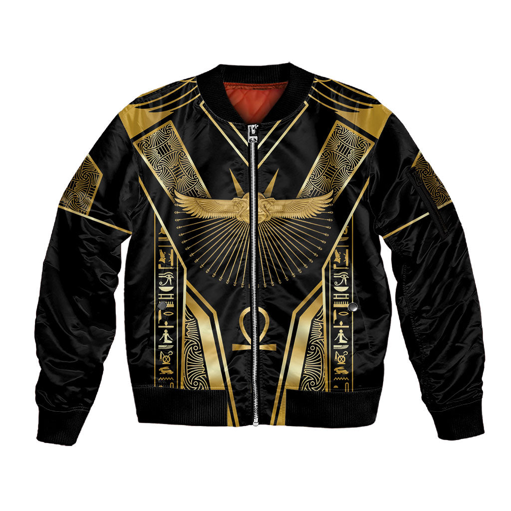 Egypt Winged Sun Sleeve Zip Bomber Jacket Ancient Mythology Golden Ankh