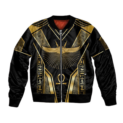 Egypt Winged Sun Sleeve Zip Bomber Jacket Ancient Mythology Golden Ankh