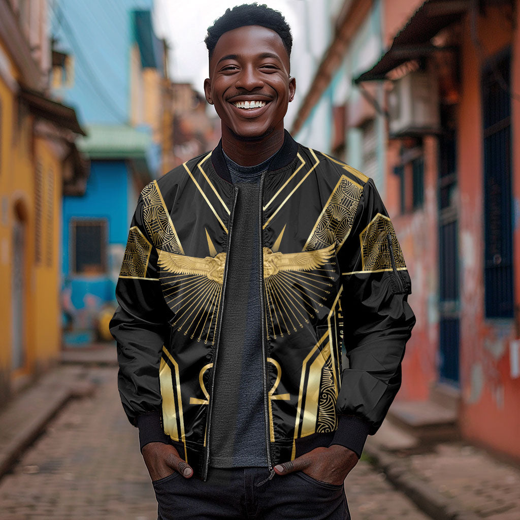 Egypt Winged Sun Sleeve Zip Bomber Jacket Ancient Mythology Golden Ankh