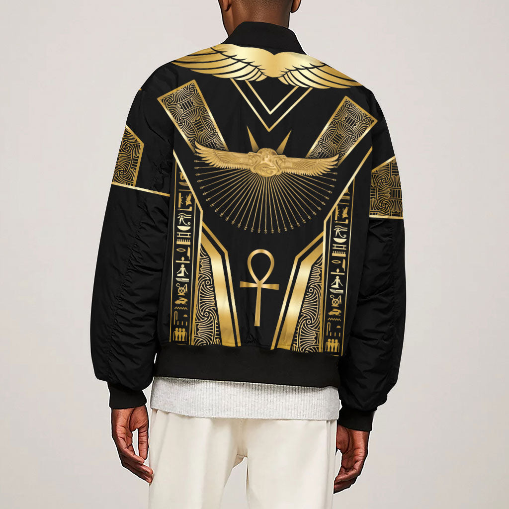 Egypt Winged Sun Sleeve Zip Bomber Jacket Ancient Mythology Golden Ankh