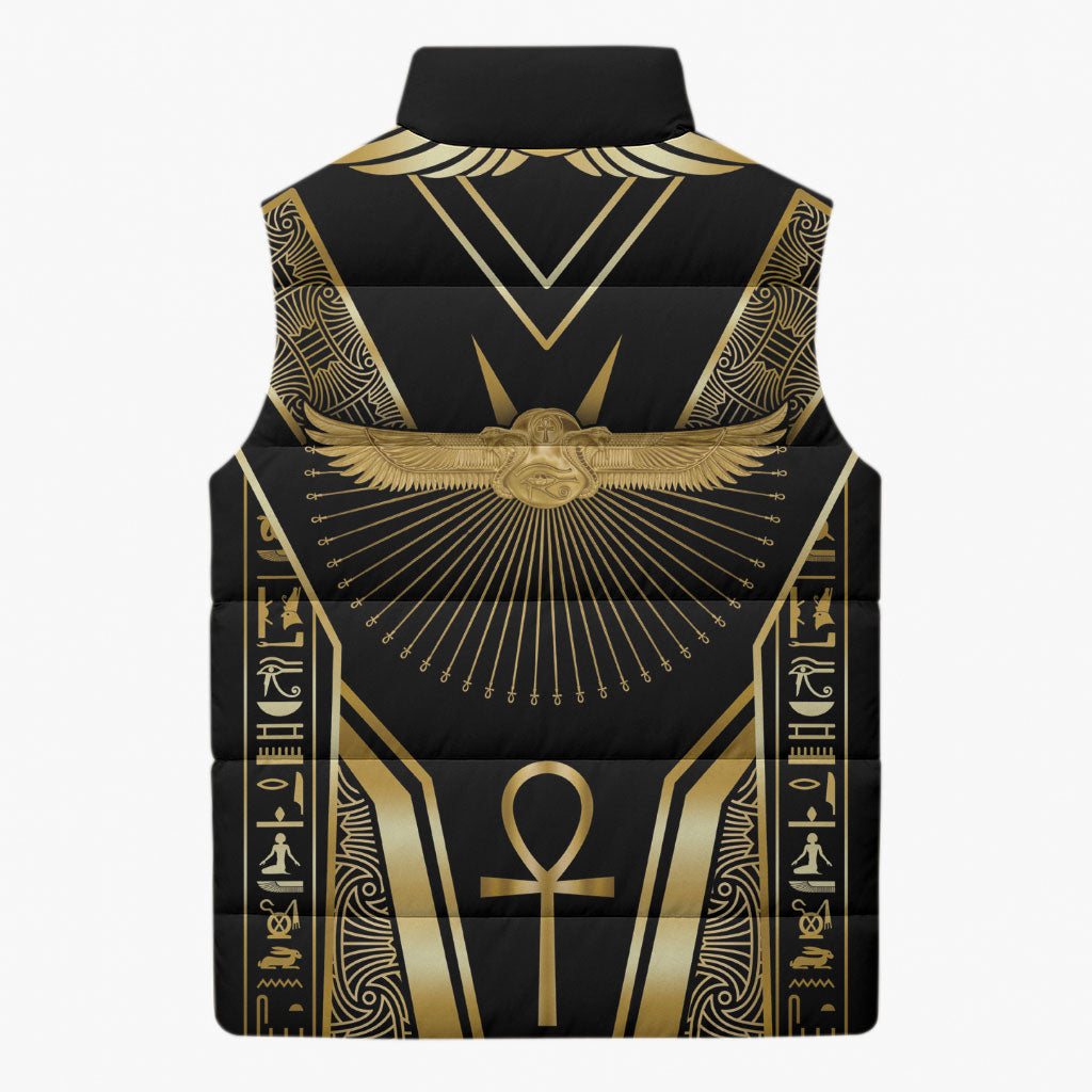 Egypt Winged Sun Sleeveless Puffer Jacket Ancient Mythology Golden Ankh