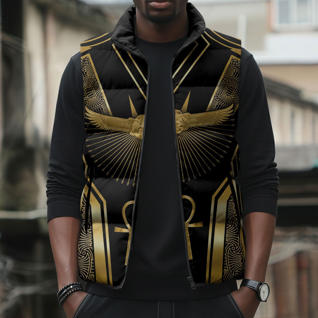 Egypt Winged Sun Sleeveless Puffer Jacket Ancient Mythology Golden Ankh
