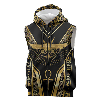 Egypt Winged Sun Sleeveless Zip Hoodie Ancient Mythology Golden Ankh