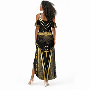 Egypt Winged Sun Summer Maxi Dress Ancient Mythology Golden Ankh