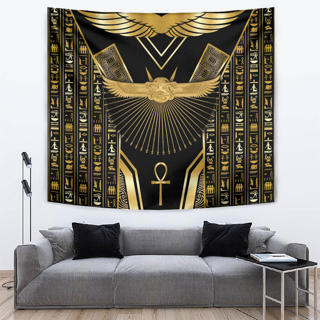 Egypt Winged Sun Tapestry Ancient Mythology Golden Ankh