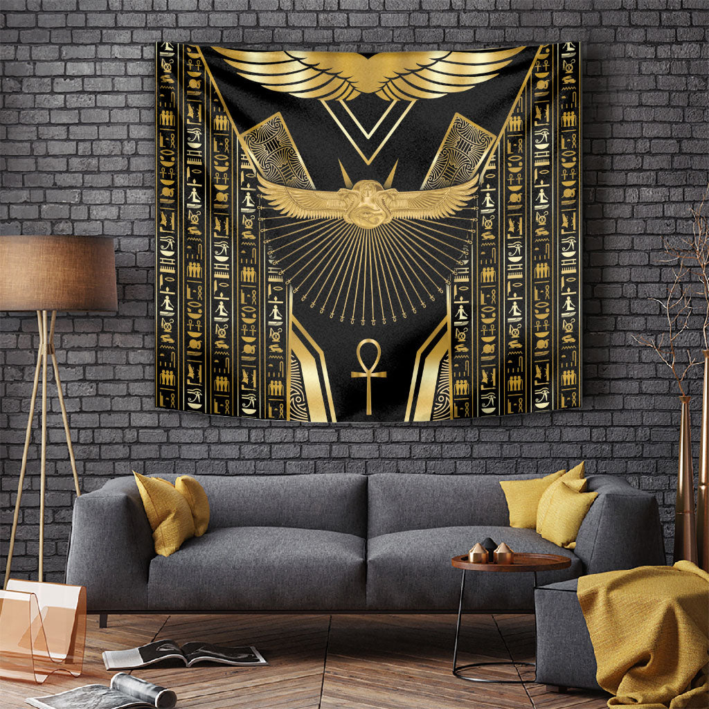 Egypt Winged Sun Tapestry Ancient Mythology Golden Ankh
