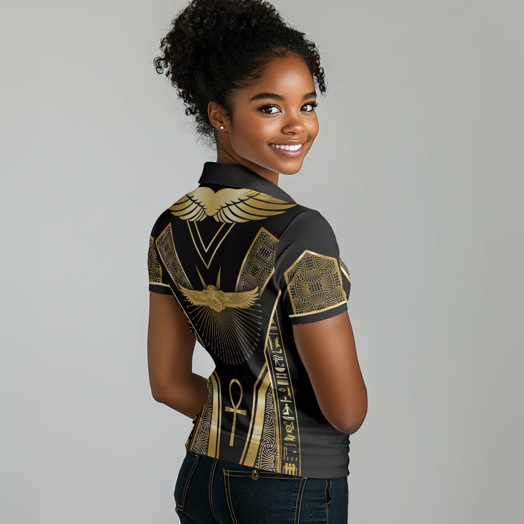 Egypt Winged Sun Women Polo Shirt Ancient Mythology Golden Ankh