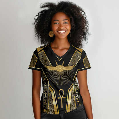 Egypt Winged Sun Women V-Neck T-Shirt Ancient Mythology Golden Ankh