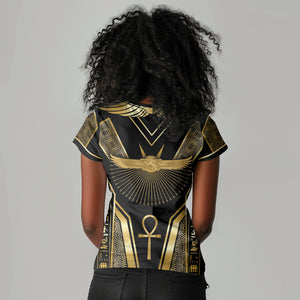 Egypt Winged Sun Women V-Neck T-Shirt Ancient Mythology Golden Ankh