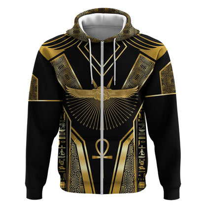 Egypt Winged Sun Zip Hoodie Ancient Mythology Golden Ankh