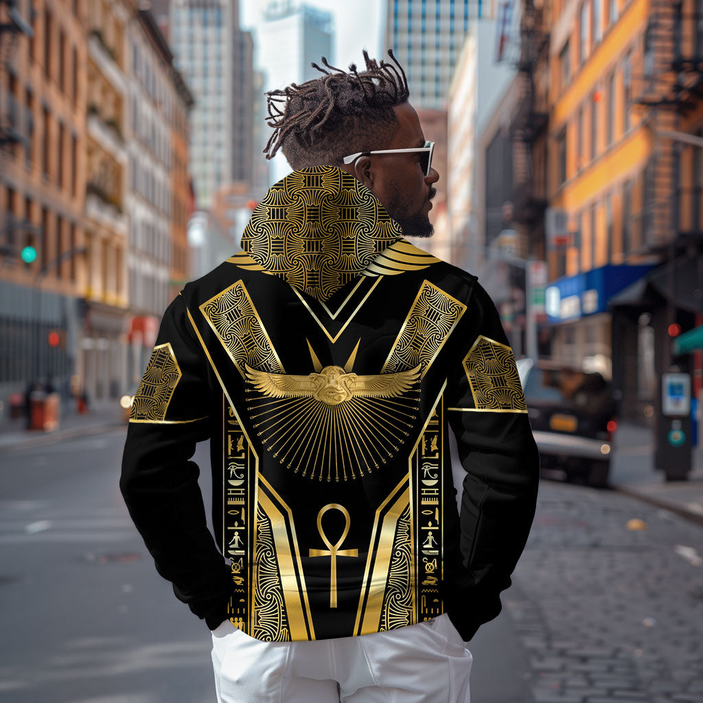 Egypt Winged Sun Zip Hoodie Ancient Mythology Golden Ankh