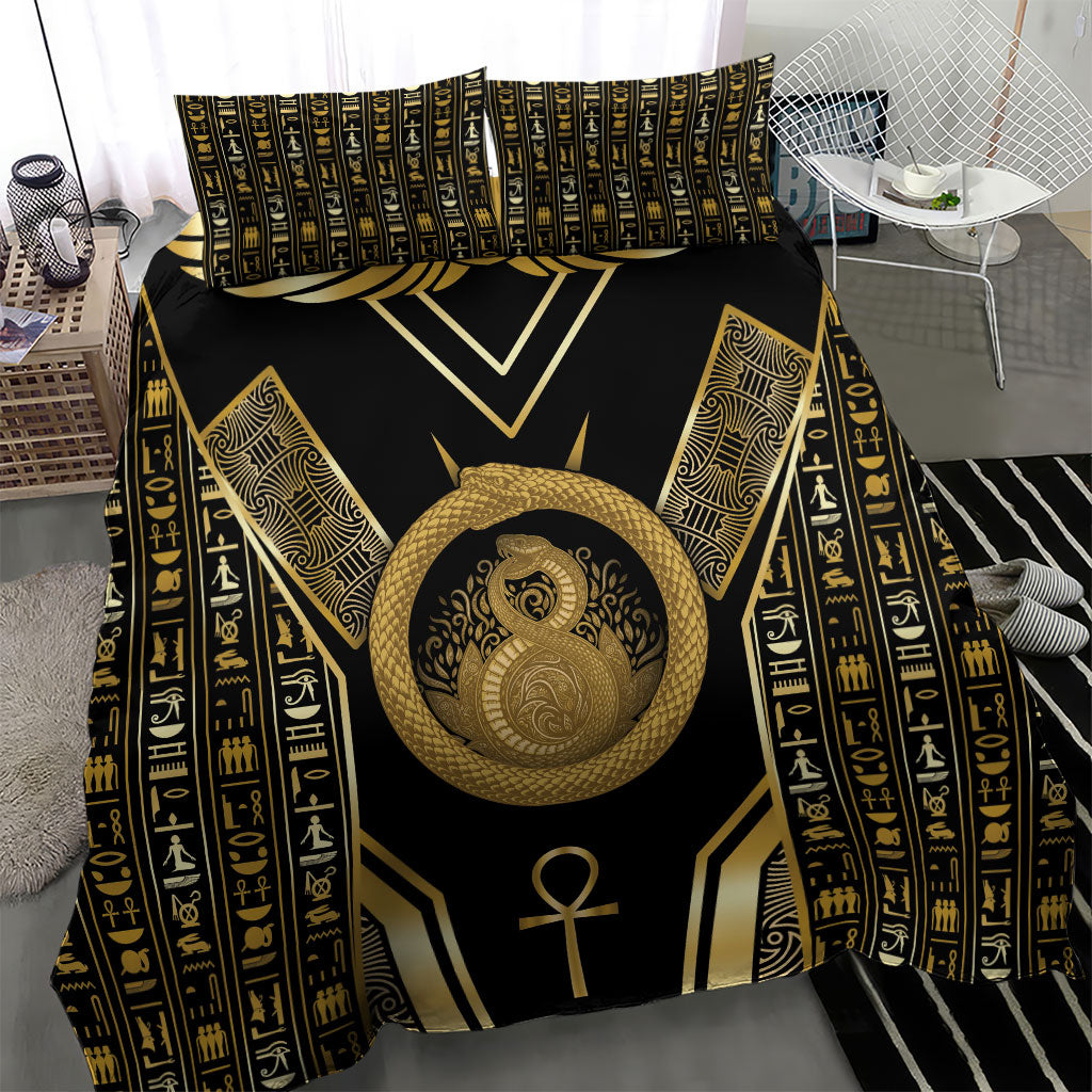Egypt Ouroboros Bedding Set Ancient Mythology Infinity Serpent Gold