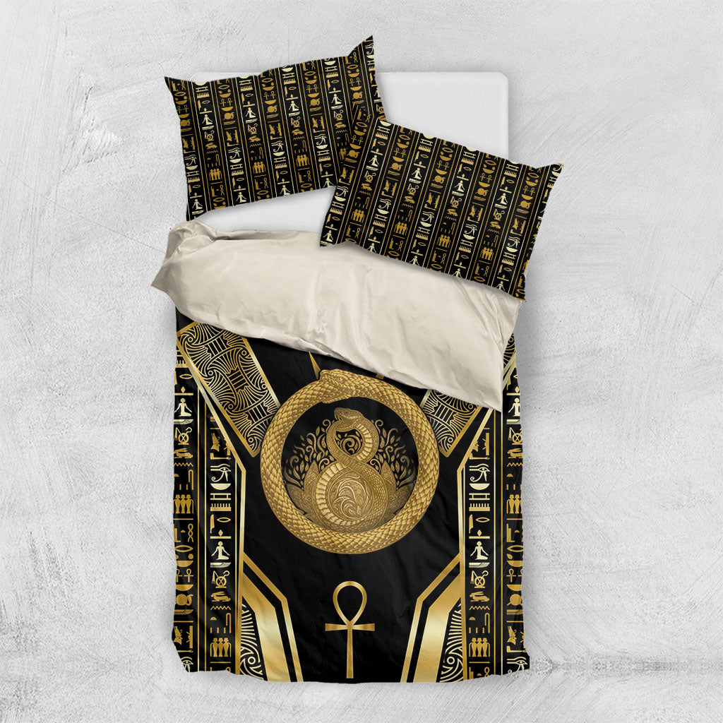 Egypt Ouroboros Bedding Set Ancient Mythology Infinity Serpent Gold