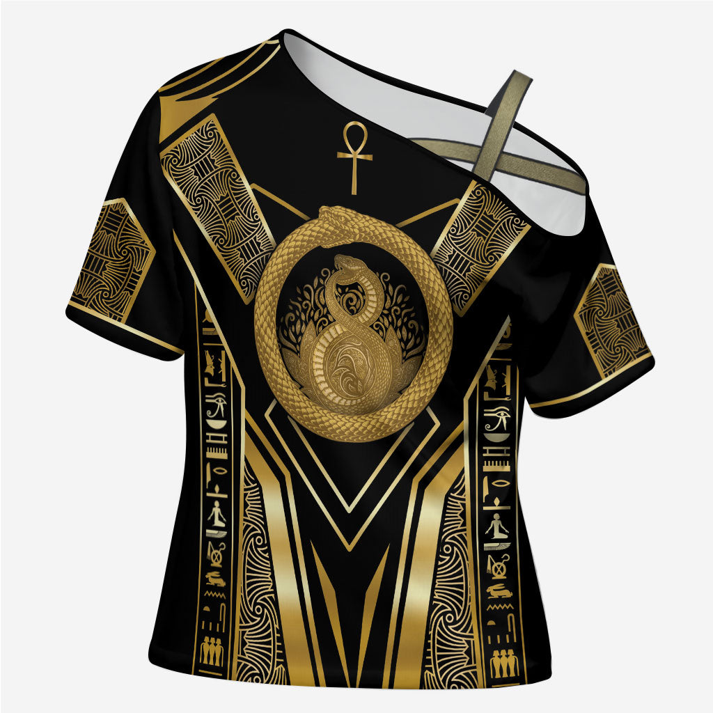 Egypt Ouroboros Cross Shoulder Shirt Ancient Mythology Infinity Serpent Gold