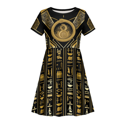 Egypt Ouroboros Kid Short Sleeve Dress Ancient Mythology Infinity Serpent Gold
