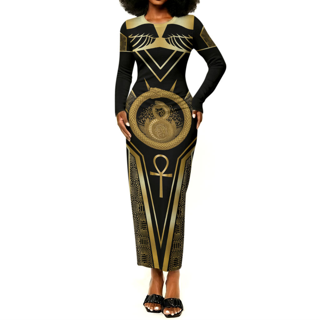 Egypt Ouroboros Long Sleeve Bodycon Dress Ancient Mythology Infinity Serpent Gold