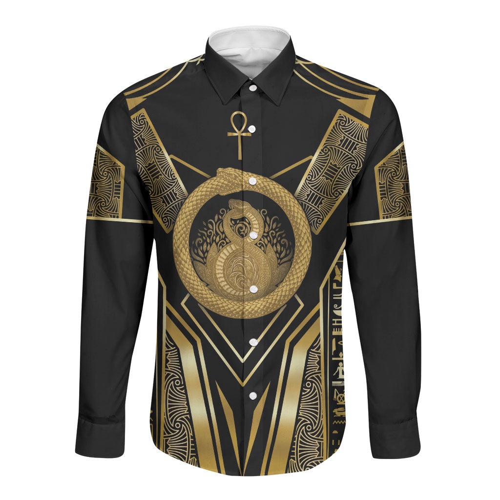 Egypt Ouroboros Long Sleeve Button Shirt Ancient Mythology Infinity Serpent Gold