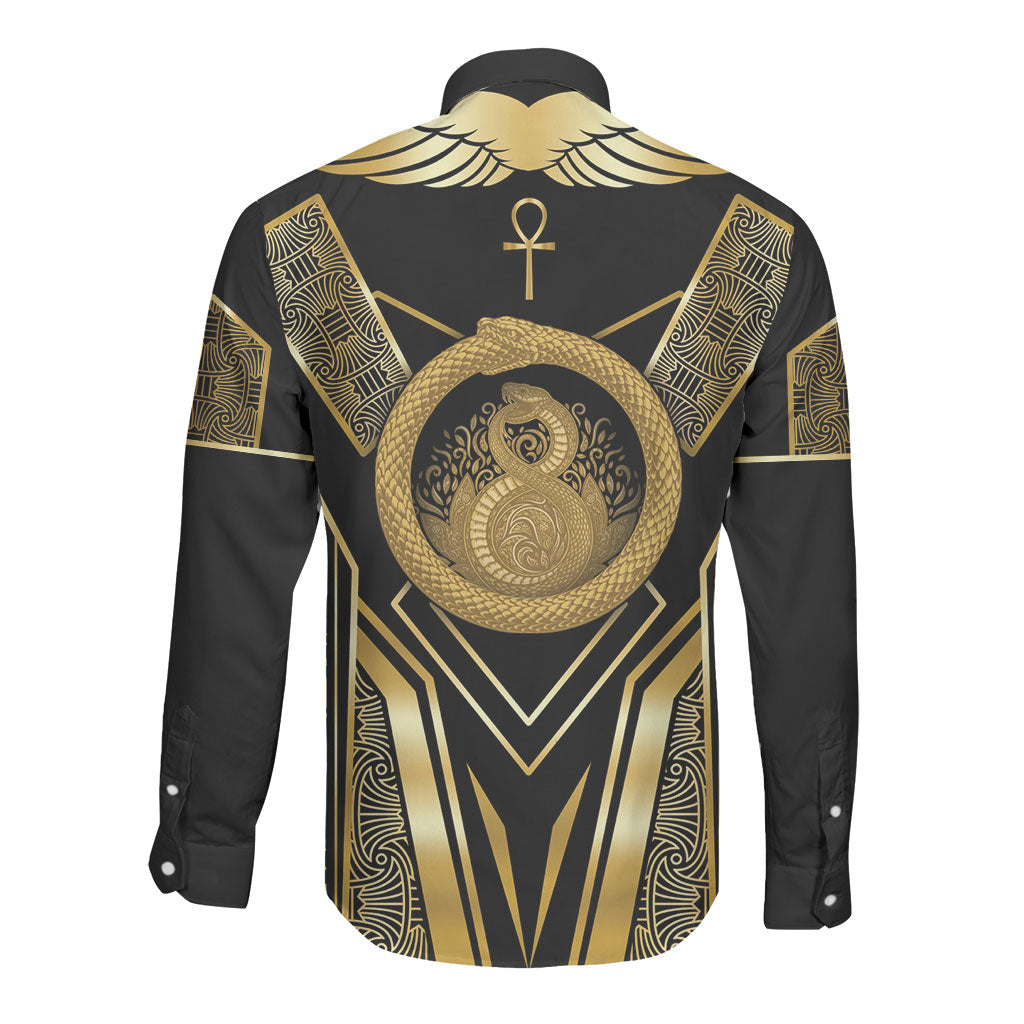 Egypt Ouroboros Long Sleeve Button Shirt Ancient Mythology Infinity Serpent Gold