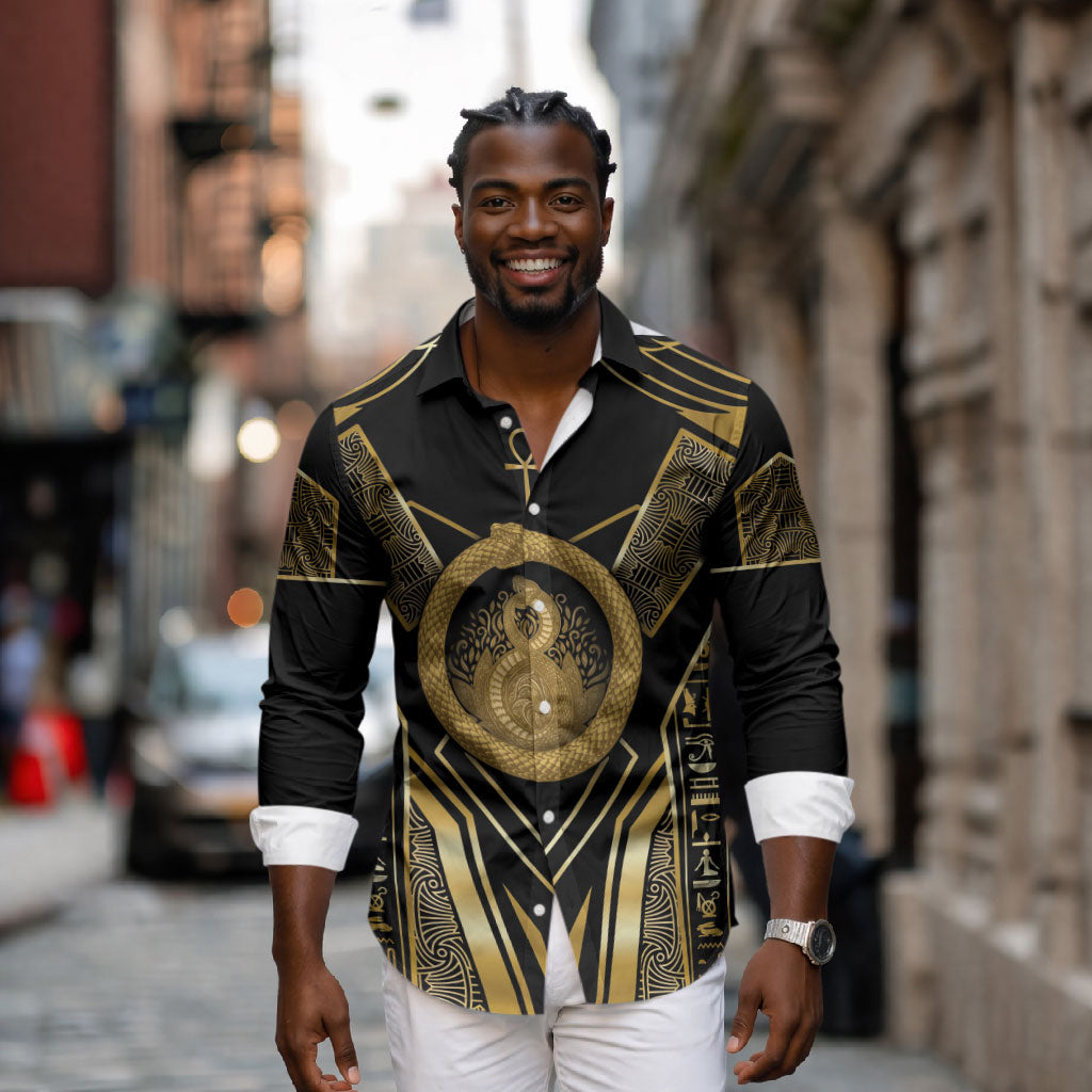 Egypt Ouroboros Long Sleeve Button Shirt Ancient Mythology Infinity Serpent Gold