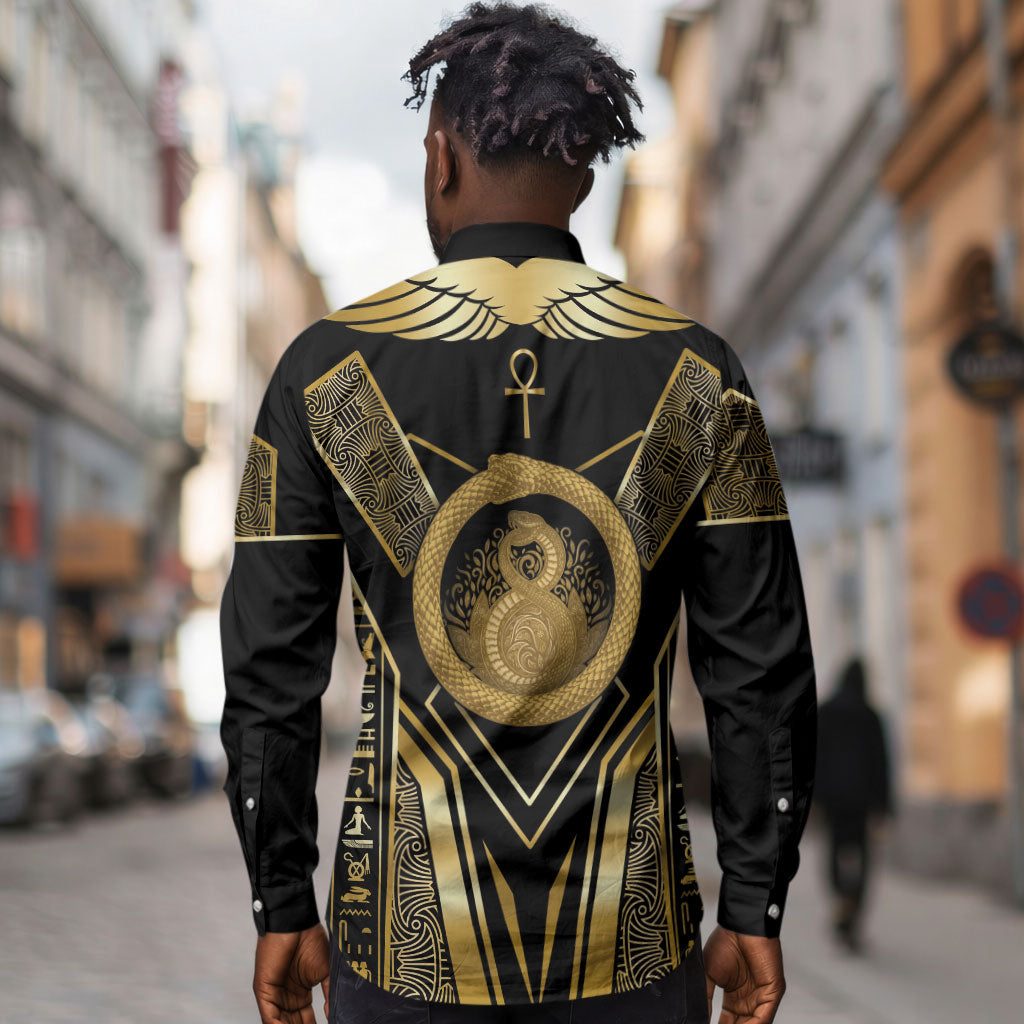 Egypt Ouroboros Long Sleeve Button Shirt Ancient Mythology Infinity Serpent Gold