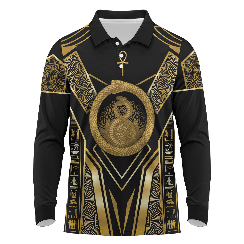 Egypt Ouroboros Long Sleeve Polo Shirt Ancient Mythology Infinity Serpent Gold