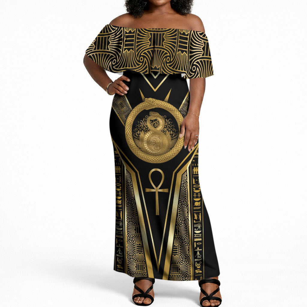Egypt Ouroboros Off Shoulder Maxi Dress Ancient Mythology Infinity Serpent Gold