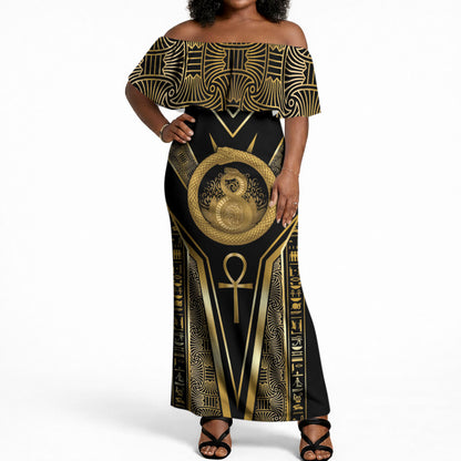 Egypt Ouroboros Off Shoulder Maxi Dress Ancient Mythology Infinity Serpent Gold