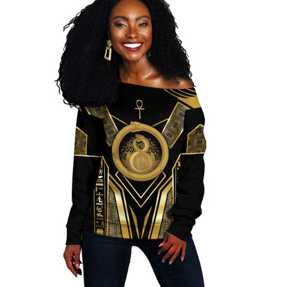 Egypt Ouroboros Off Shoulder Sweater Ancient Mythology Infinity Serpent Gold