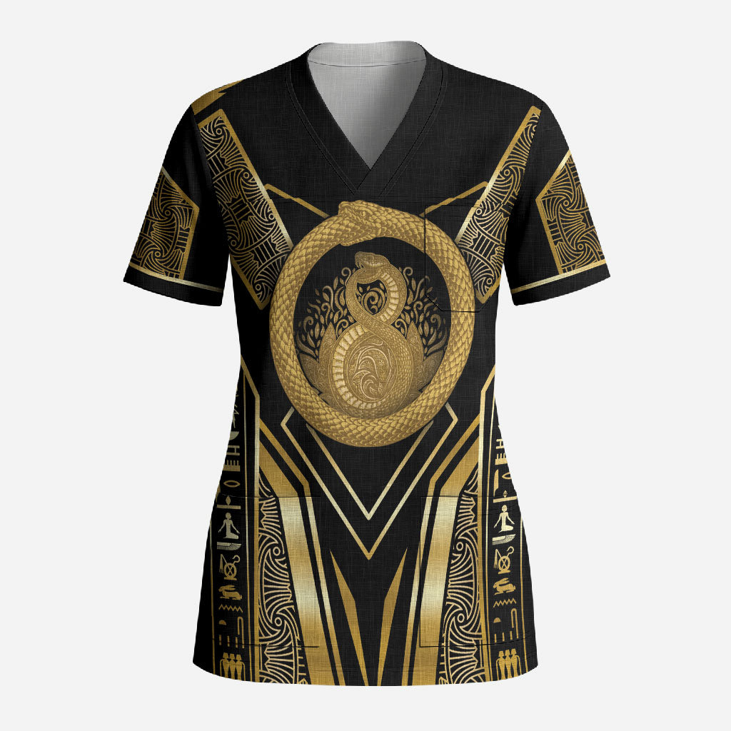 Egypt Ouroboros Scrub Top Ancient Mythology Infinity Serpent Gold