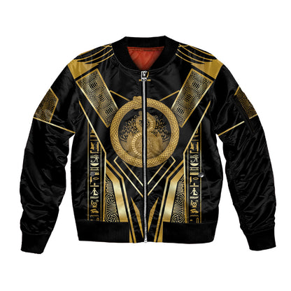 Egypt Ouroboros Sleeve Zip Bomber Jacket Ancient Mythology Infinity Serpent Gold