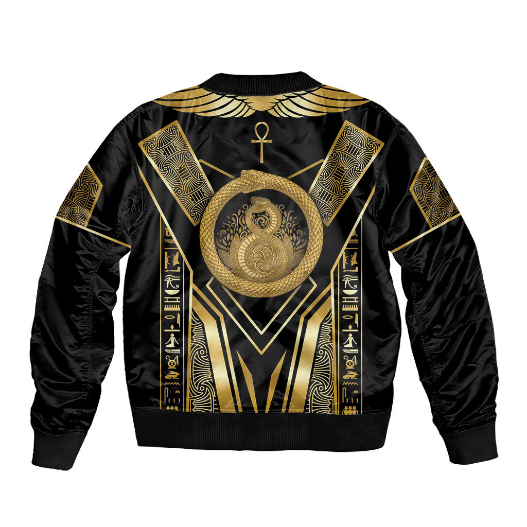 Egypt Ouroboros Sleeve Zip Bomber Jacket Ancient Mythology Infinity Serpent Gold