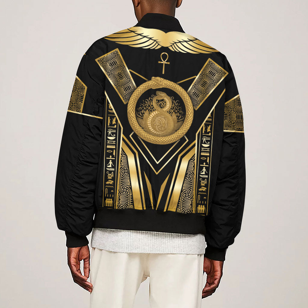 Egypt Ouroboros Sleeve Zip Bomber Jacket Ancient Mythology Infinity Serpent Gold