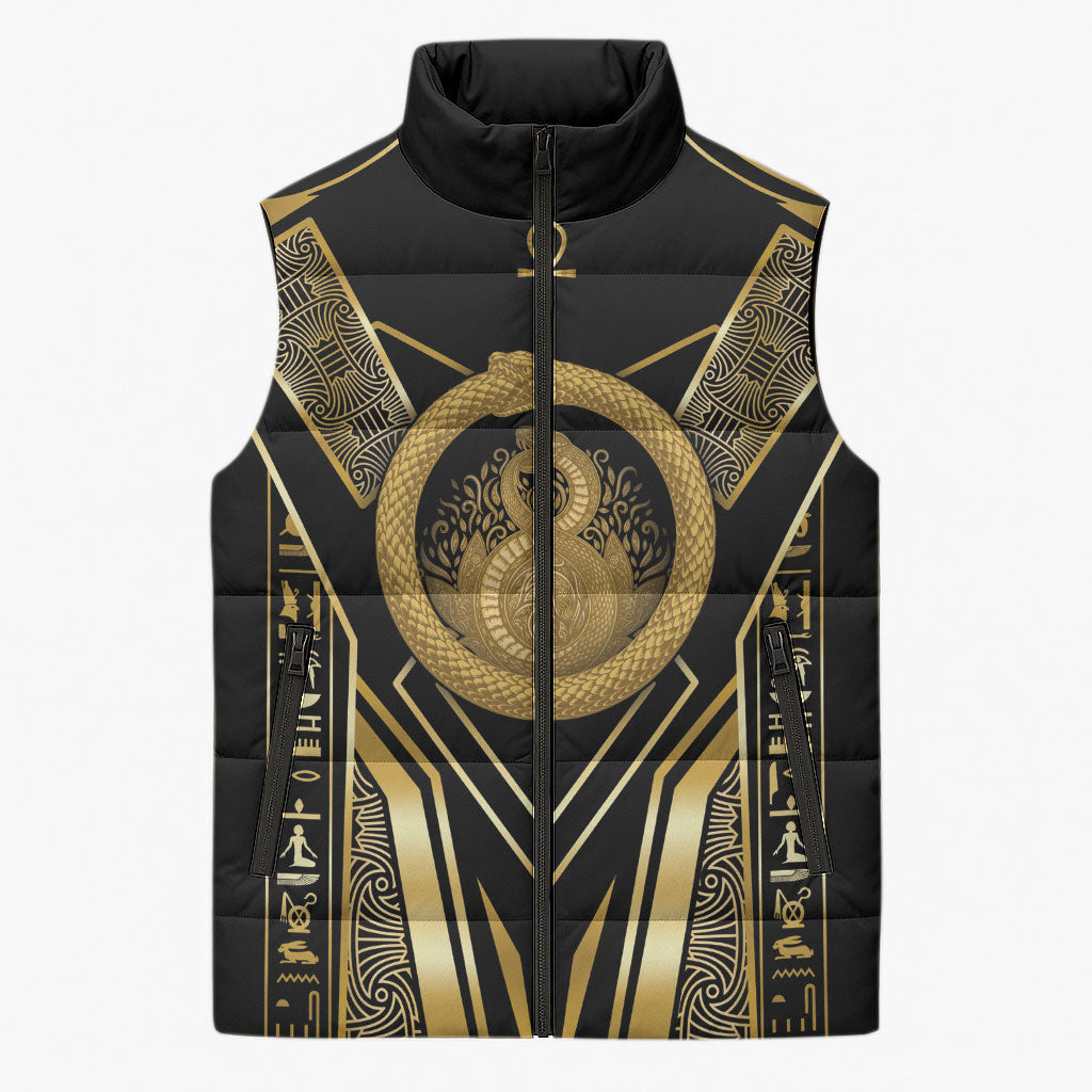 Egypt Ouroboros Sleeveless Puffer Jacket Ancient Mythology Infinity Serpent Gold