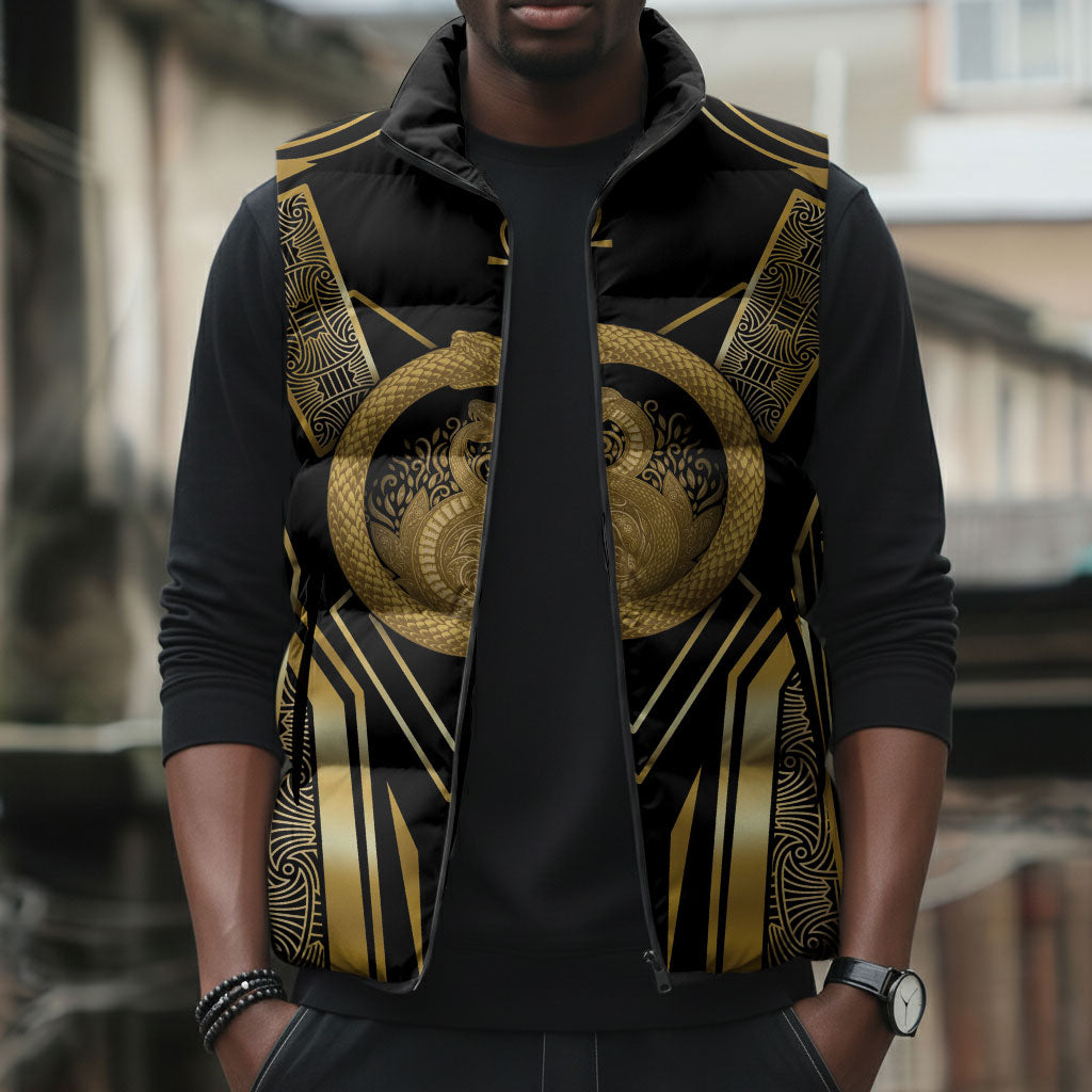 Egypt Ouroboros Sleeveless Puffer Jacket Ancient Mythology Infinity Serpent Gold