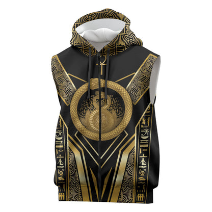 Egypt Ouroboros Sleeveless Zip Hoodie Ancient Mythology Infinity Serpent Gold