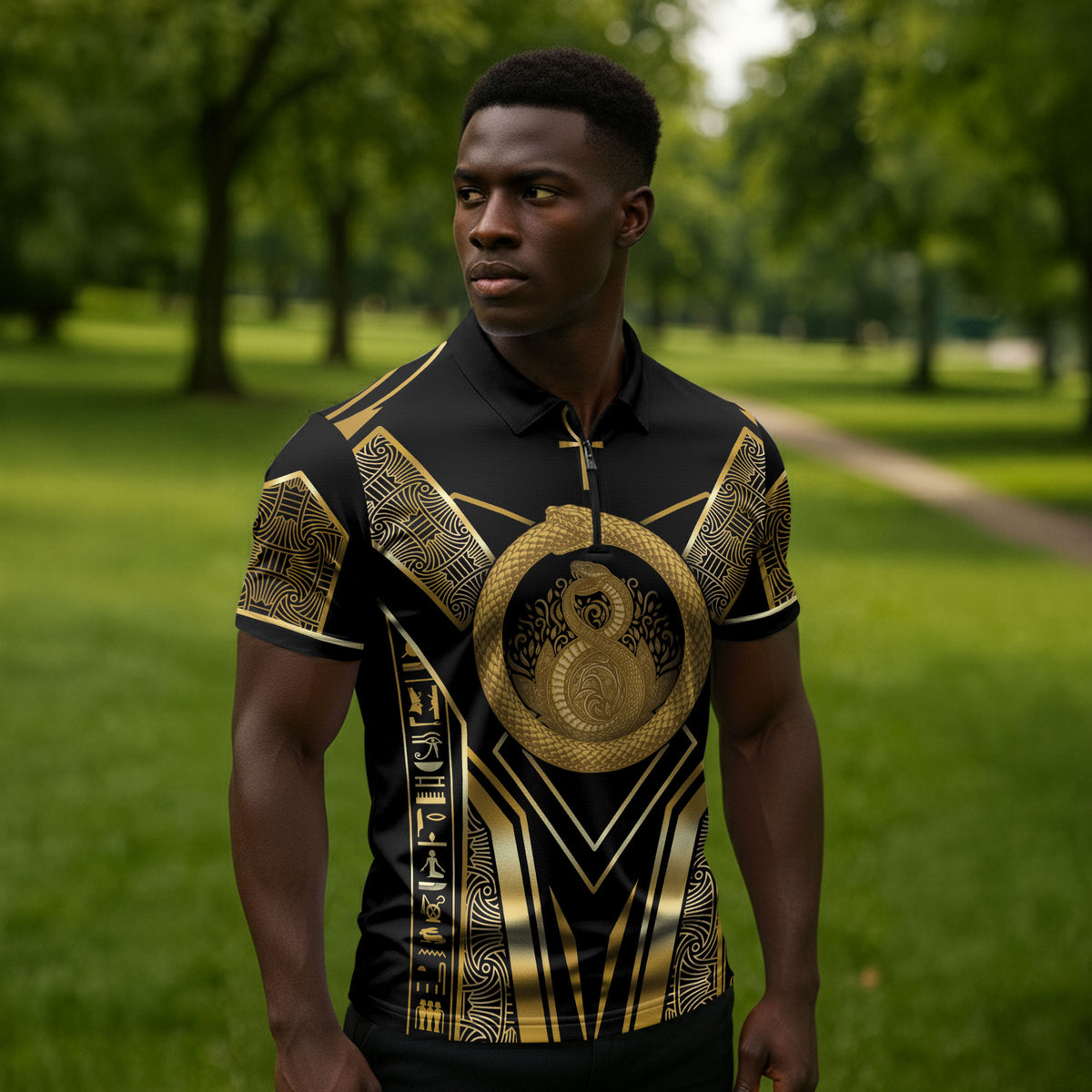 Egypt Ouroboros Zipper Polo Shirt Ancient Mythology Infinity Serpent Gold