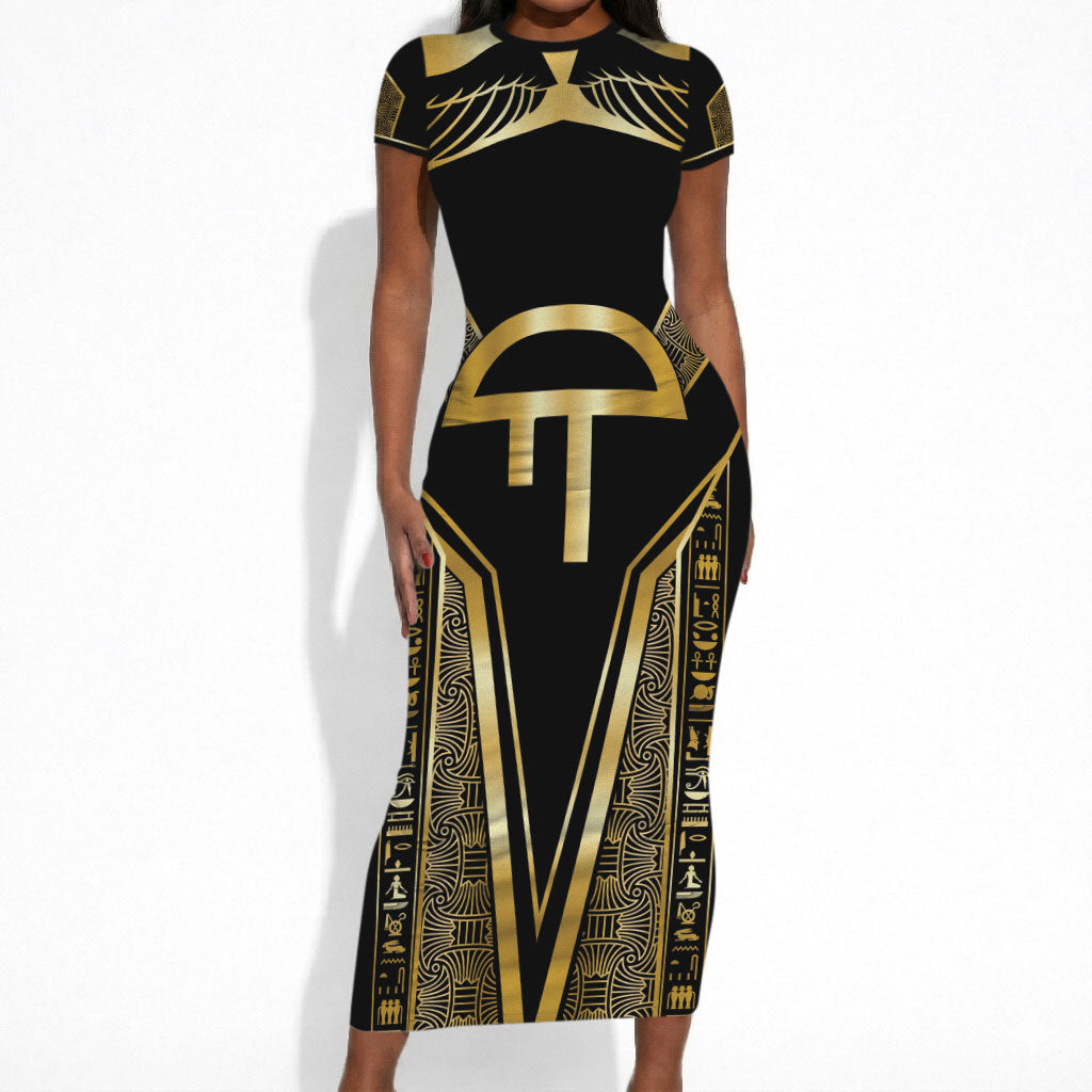Egypt Amenta Short Sleeve Bodycon Dress Ancient Mythology Underworld Realm