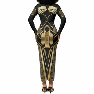 Egypt Tyet Long Sleeve Bodycon Dress Ancient Mythology Knot Of Isis Gold