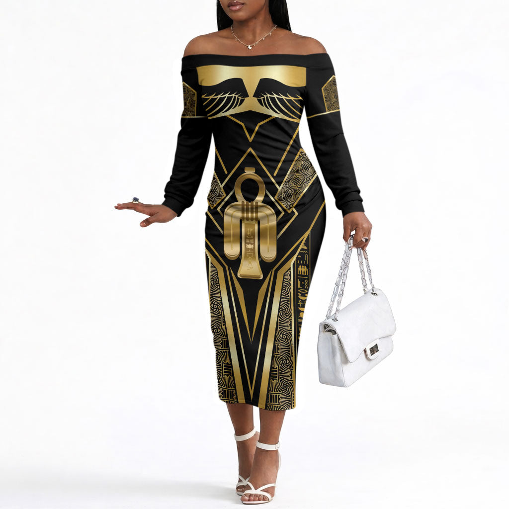 Egypt Tyet Off The Shoulder Long Sleeve Dress Ancient Mythology Knot Of Isis Gold