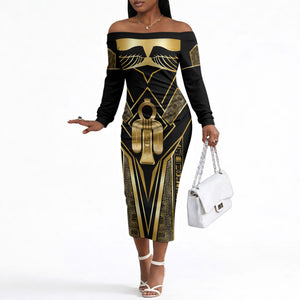 Egypt Tyet Off The Shoulder Long Sleeve Dress Ancient Mythology Knot Of Isis Gold