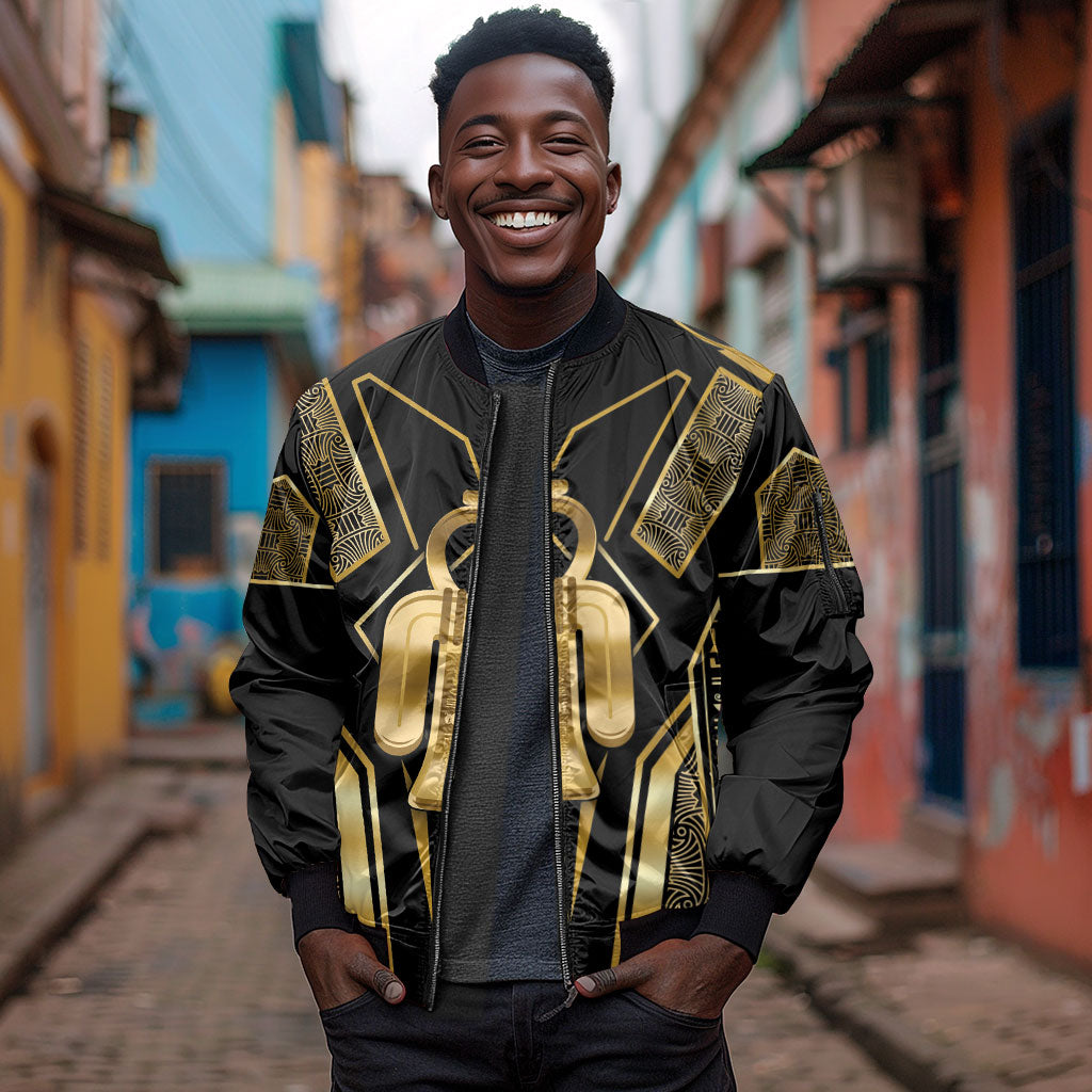 Egypt Tyet Sleeve Zip Bomber Jacket Ancient Mythology Knot Of Isis Gold