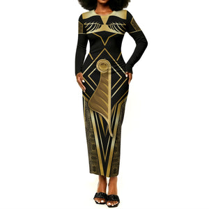 Egypt Feather Of Maat Long Sleeve Bodycon Dress Ancient Mythology Truth And Justice