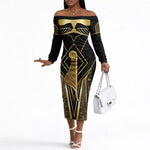 Egypt Feather Of Maat Off The Shoulder Long Sleeve Dress Ancient Mythology Truth And Justice