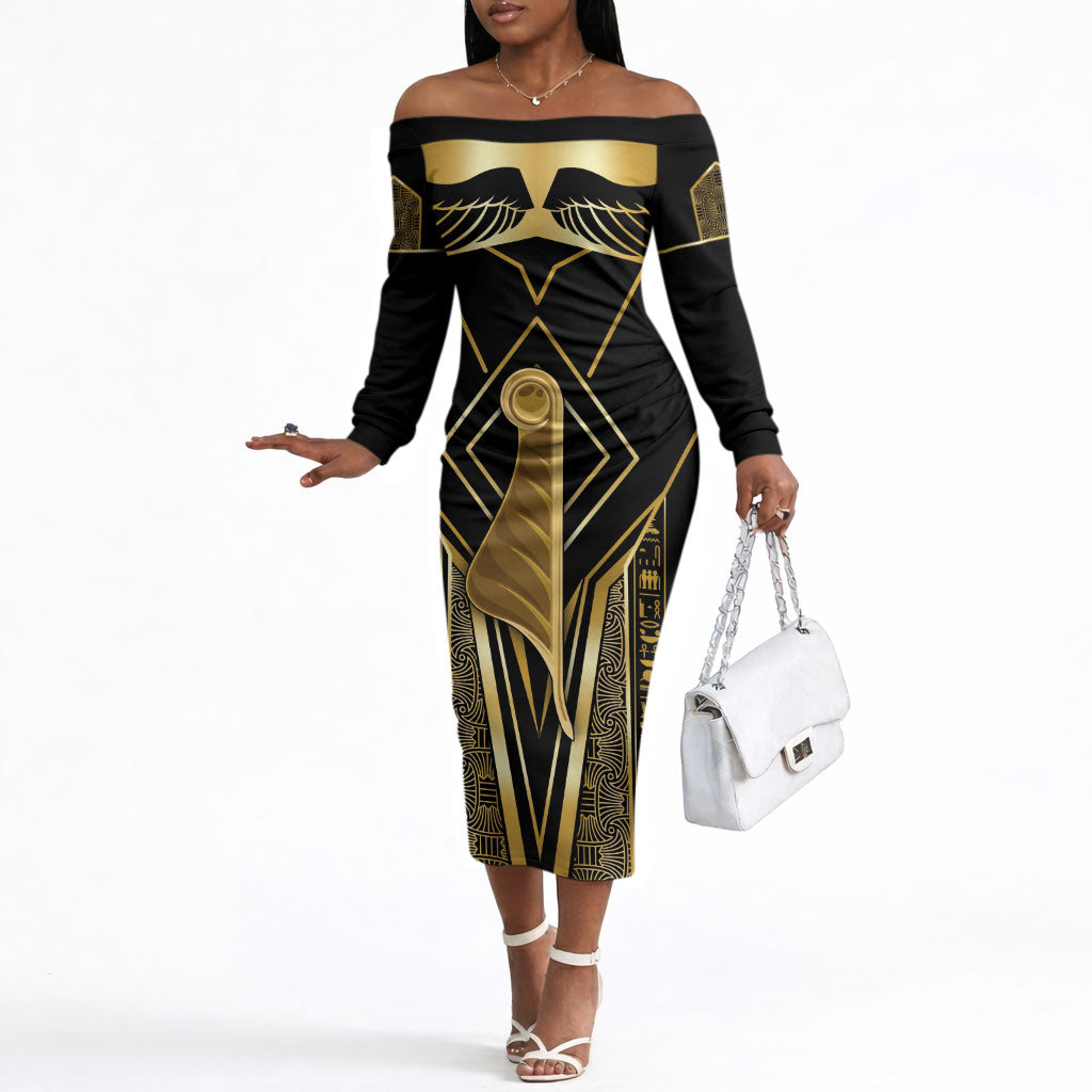 Egypt Feather Of Maat Off The Shoulder Long Sleeve Dress Ancient Mythology Truth And Justice