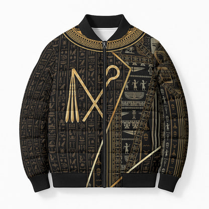 Egypt Crook And Flail Bomber Puffer Jacket Ancient Mythology Pharaoh Royalty Gold