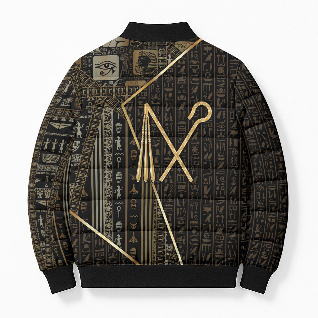 Egypt Crook And Flail Bomber Puffer Jacket Ancient Mythology Pharaoh Royalty Gold