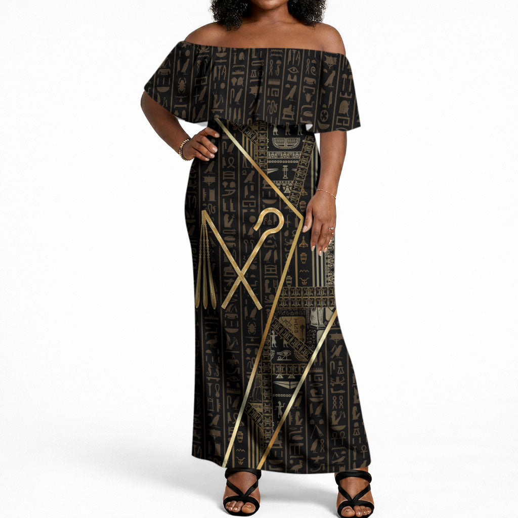 Egypt Crook And Flail Off Shoulder Maxi Dress Ancient Mythology Pharaoh Royalty Gold